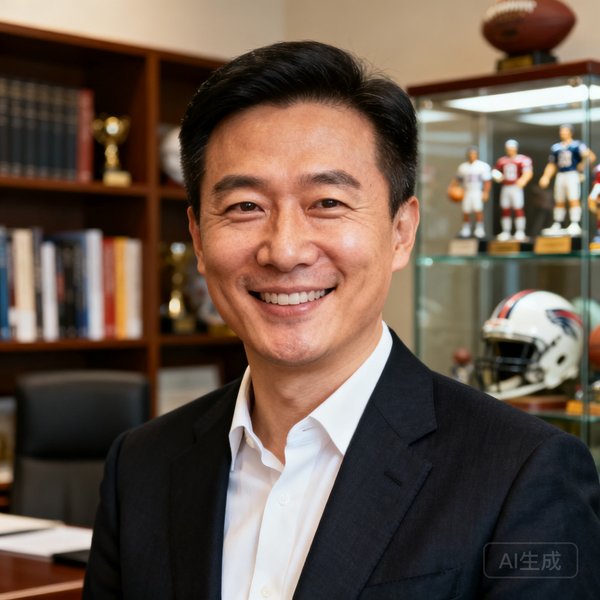 比分直播网创始人兼CEO张明远的专业肖像照片，他穿着深色西装面带微笑，背景是办公室书架和体育纪念品展示柜